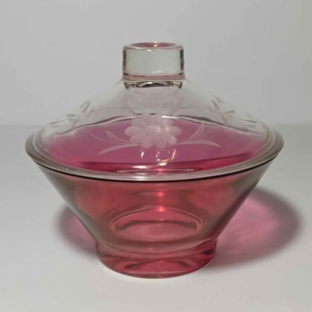 Cranberry Glass Candy Dish Etched Vintage